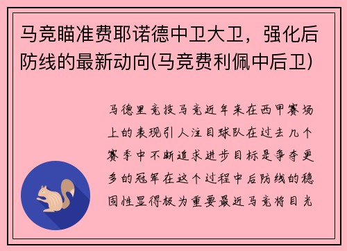 马竞瞄准费耶诺德中卫大卫，强化后防线的最新动向(马竞费利佩中后卫)