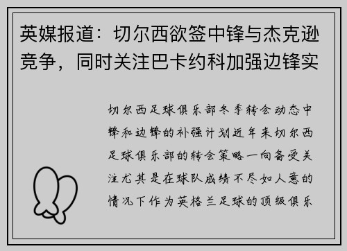 英媒报道：切尔西欲签中锋与杰克逊竞争，同时关注巴卡约科加强边锋实力