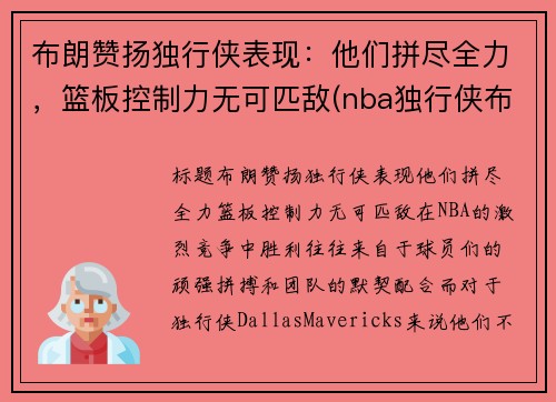 布朗赞扬独行侠表现：他们拼尽全力，篮板控制力无可匹敌(nba独行侠布朗)