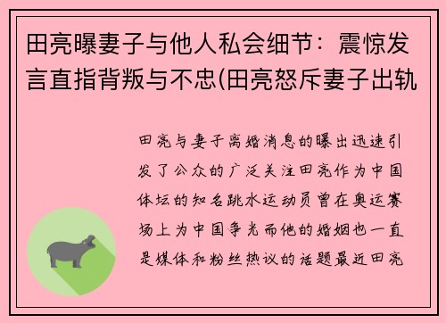 田亮曝妻子与他人私会细节：震惊发言直指背叛与不忠(田亮怒斥妻子出轨 女方回应)