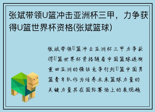 张斌带领U篮冲击亚洲杯三甲，力争获得U篮世界杯资格(张斌篮球)